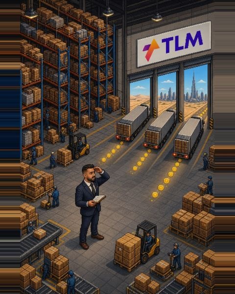 Branded scene: a TLM warehouse with Dubai behind it